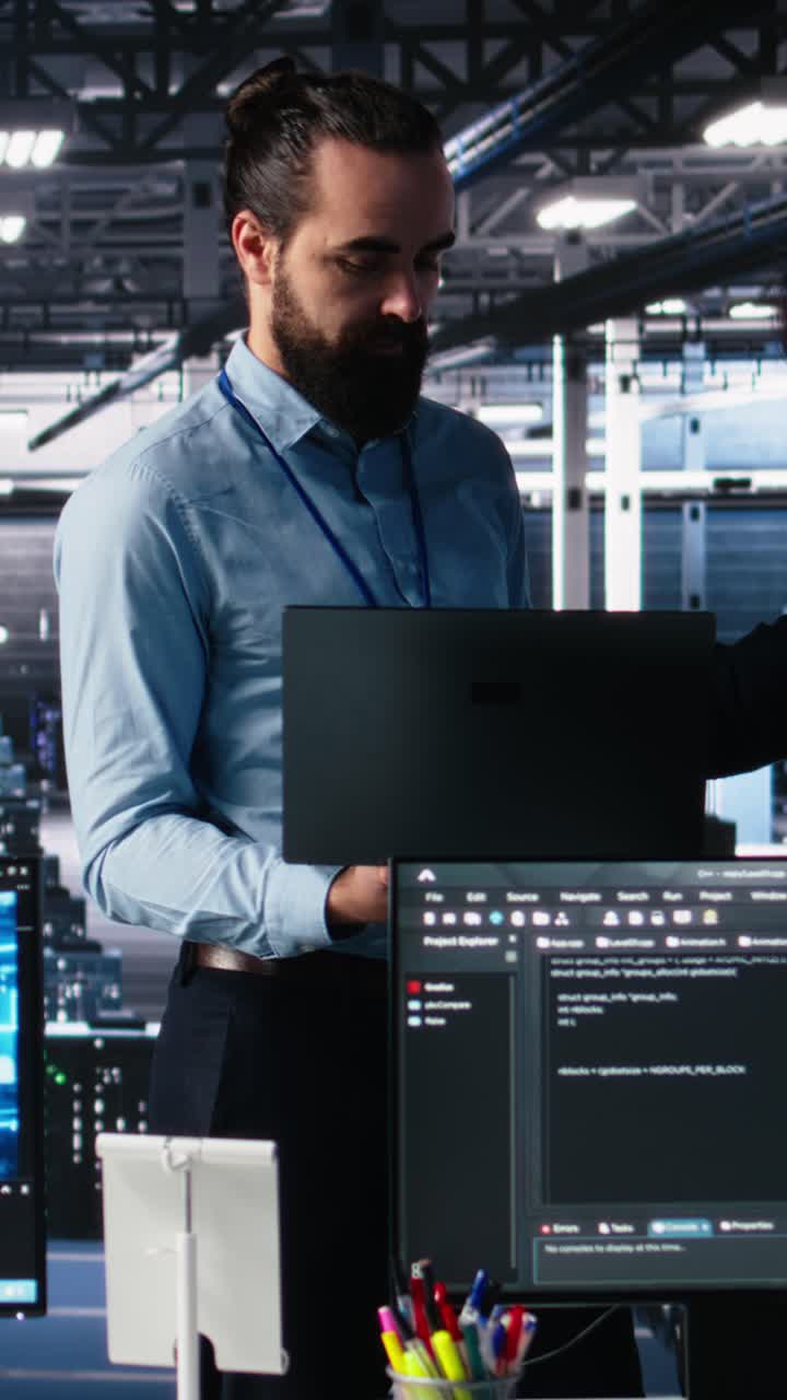 Vertical video Team of data center engineers using machine learning algorithms