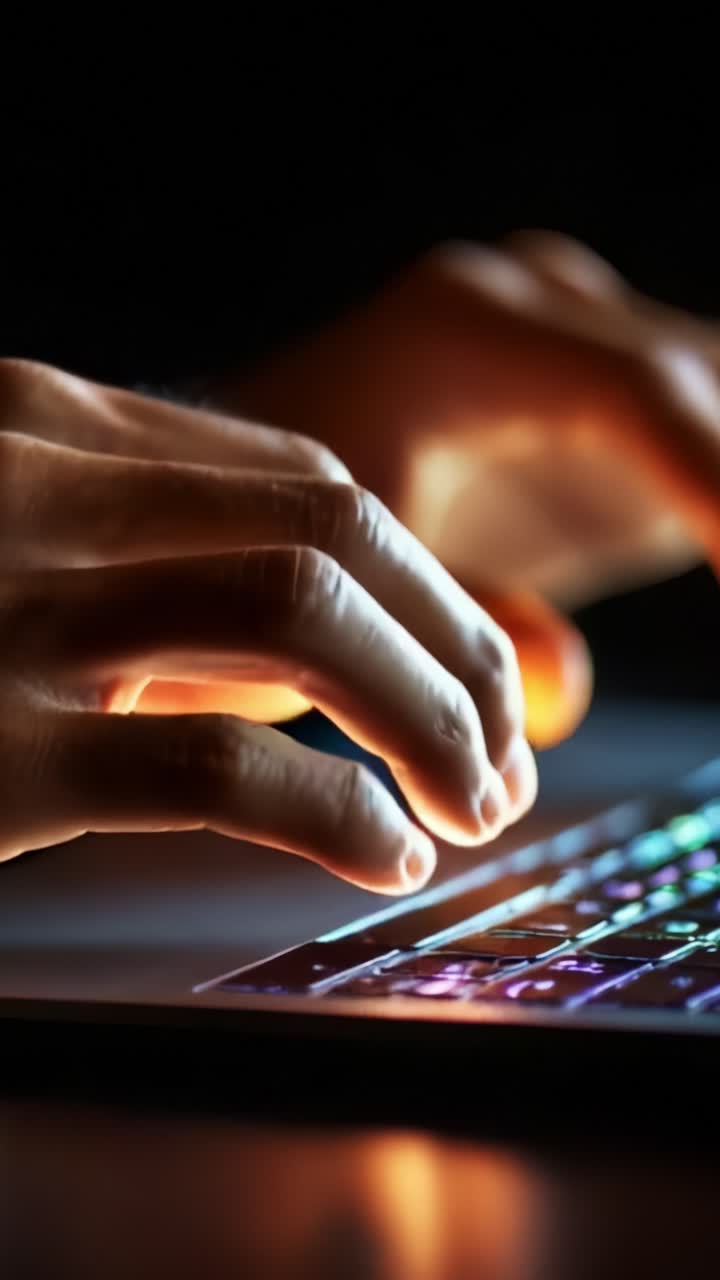 Close-Up View of Hands Typing on a Laptop Keyboard at Night, Illuminated with Colorful Backlighting, Capturing the Intensity of Digital Interaction