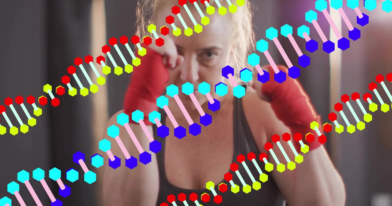 Una donna entra in palestra sollevando fasce rosse per il fitness, con un misuratore animato che traccia il ritmo dei pugni.