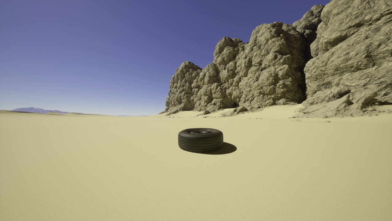 Desert landscape with a lonely tire against rocky cliffs under bright sky