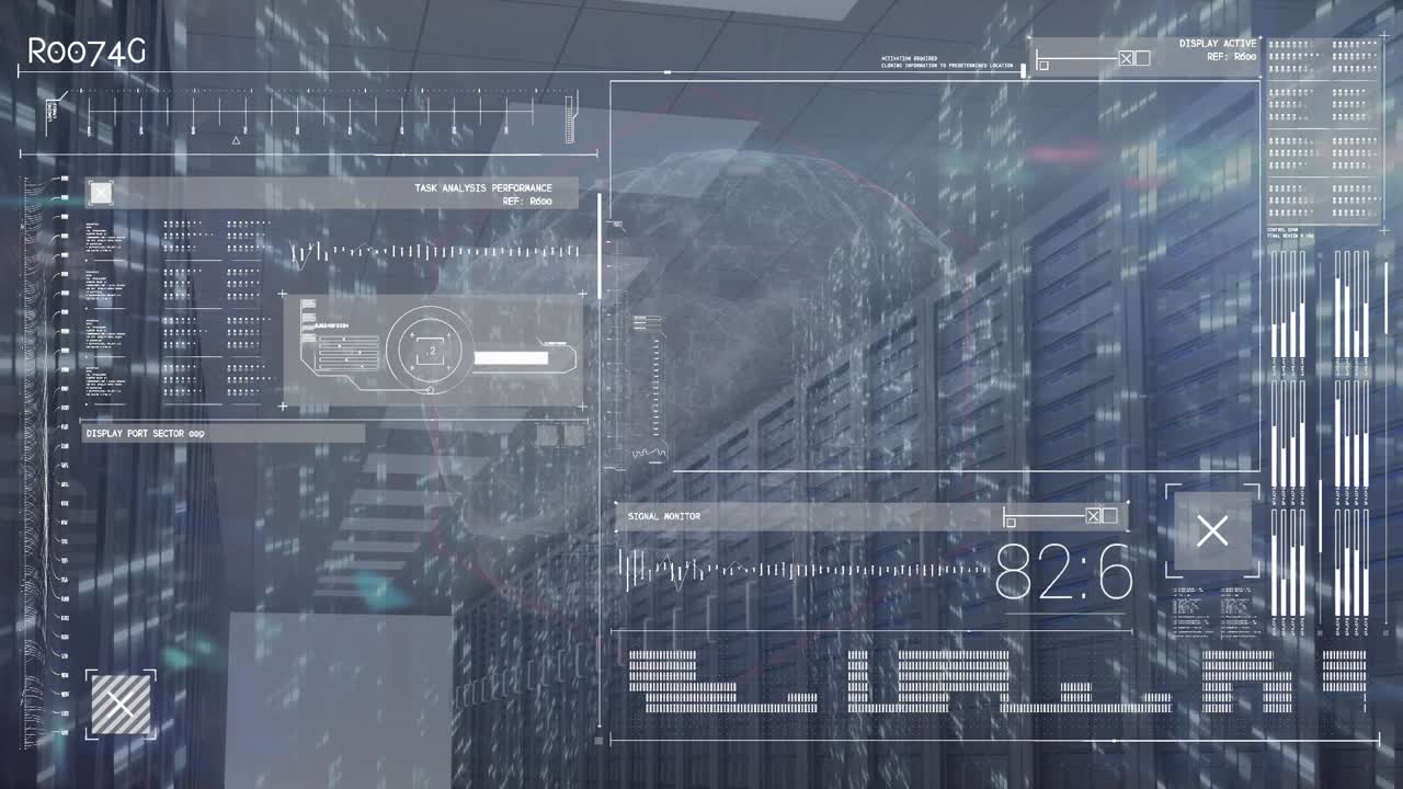 Animation of interface with data processing over spinning globe against computer server room