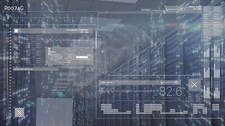 Animation of interface with data processing over spinning globe against computer server room