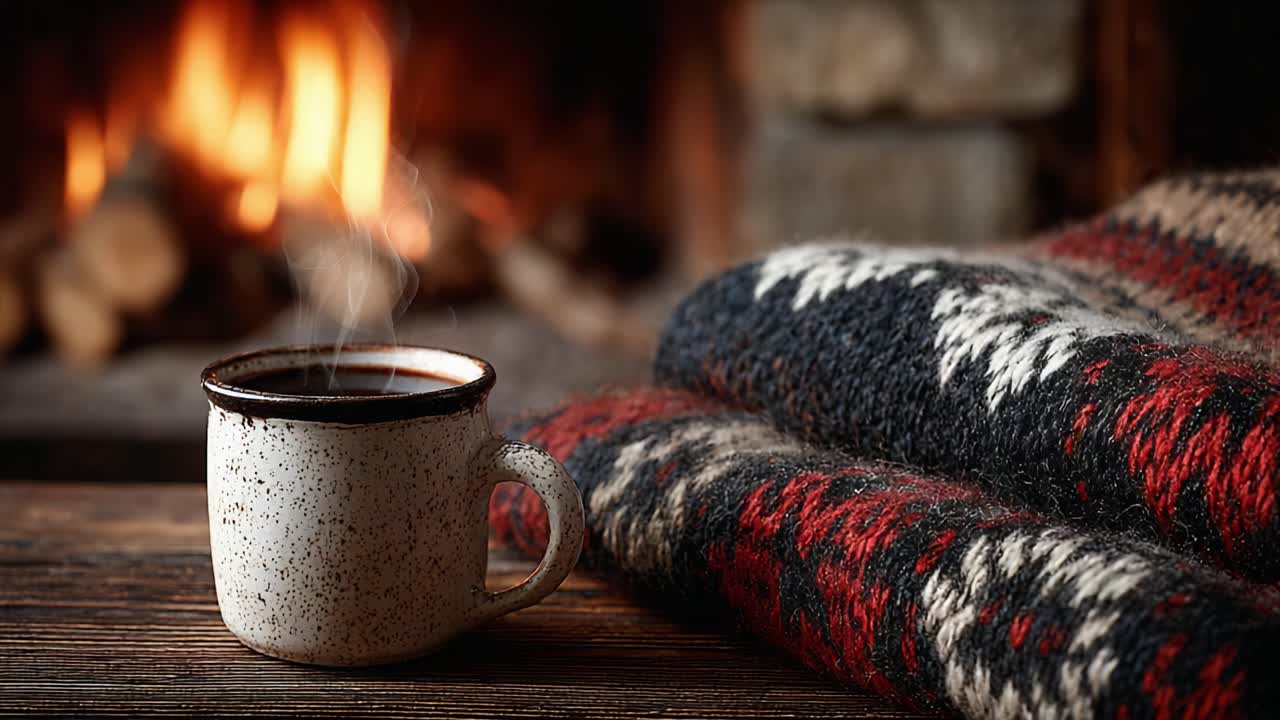 A Cozy Evening by the Fireplace with a Warm Cup of Coffee and Soft Blanket, Perfect for Relaxation and Comfort on a Chilly Day