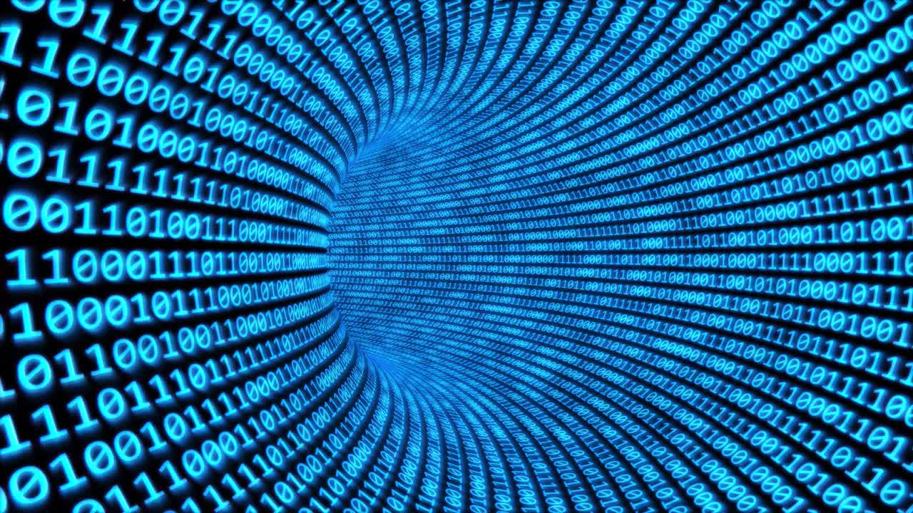 Fly through Binary Code Tunnel in Cyberspace Encrypted Network Data - 4K Seamless Loop Motion Background Animation