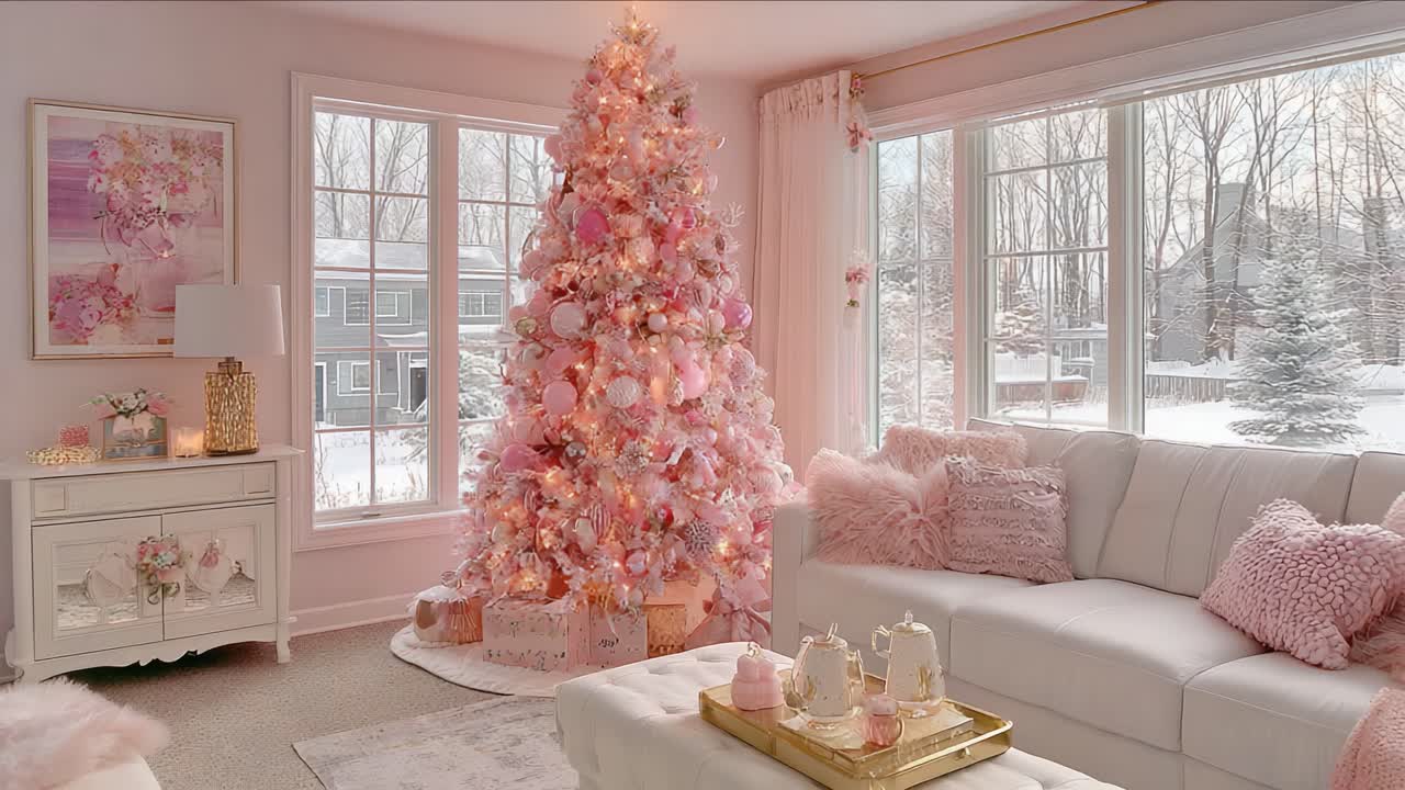 Incantevole paese delle meraviglie invernale: un soggiorno accogliente a tema rosa, adornato da un albero di Natale decorato con gusto e circondato da un paesaggio innevato