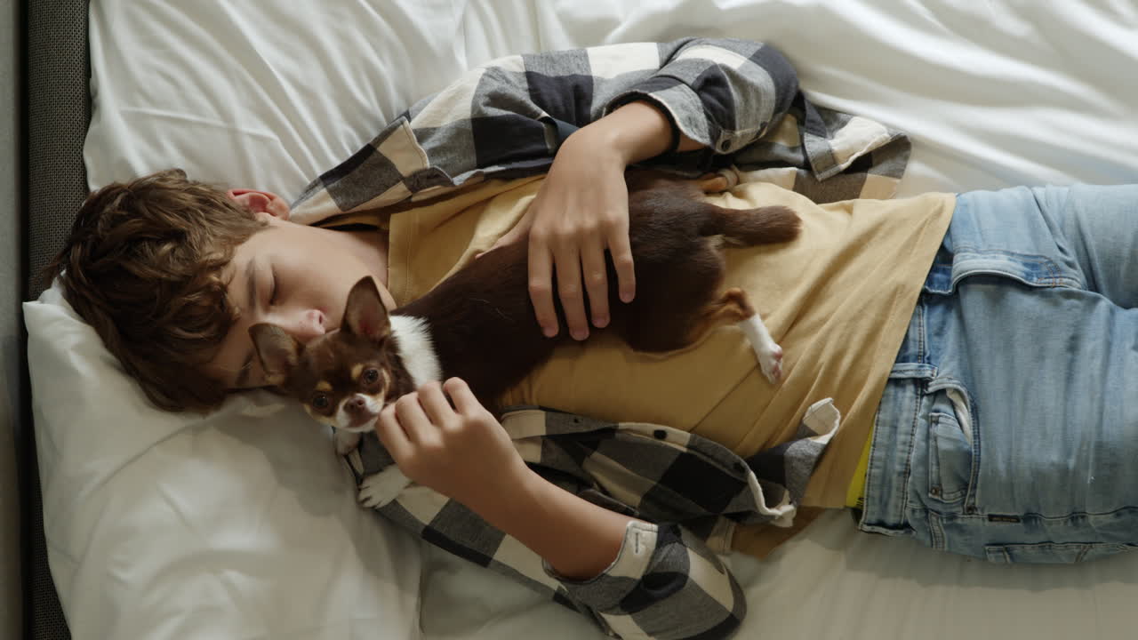 십대 와 강아지 가 침대 에서 잠을 자고 있다