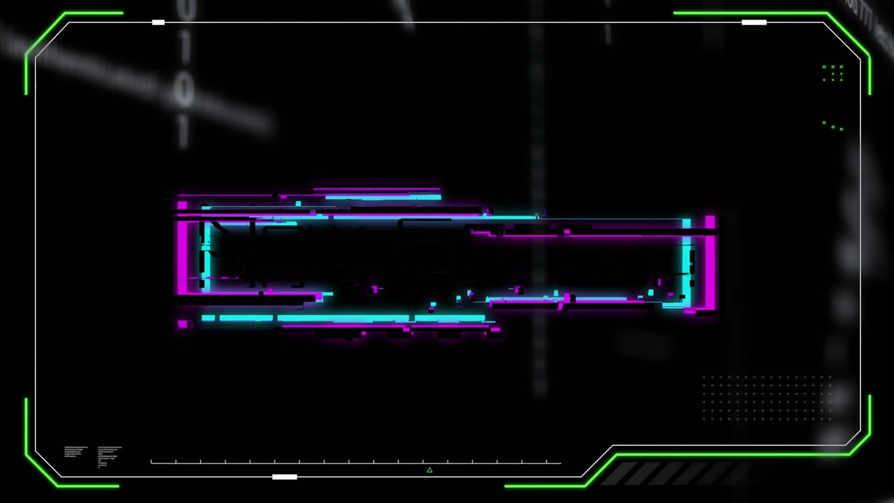 Magenta cyan glitch bar flashing, neon HUD overlay showing falling binary bits simulating error