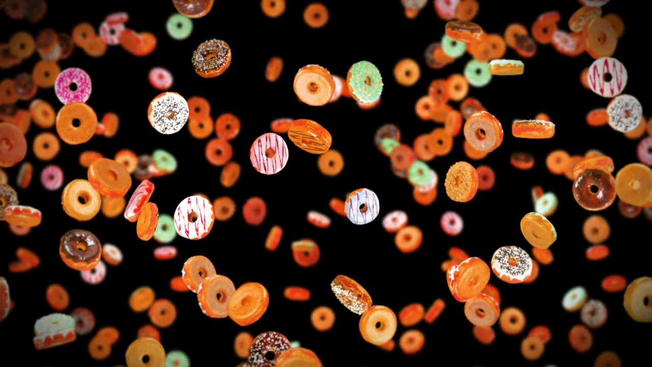 volando muchas rosquillas coloridas en fondo negro. pastel de rosquilla, dulces, postre. animación 3d de rosquillas girando. animación de bucle.