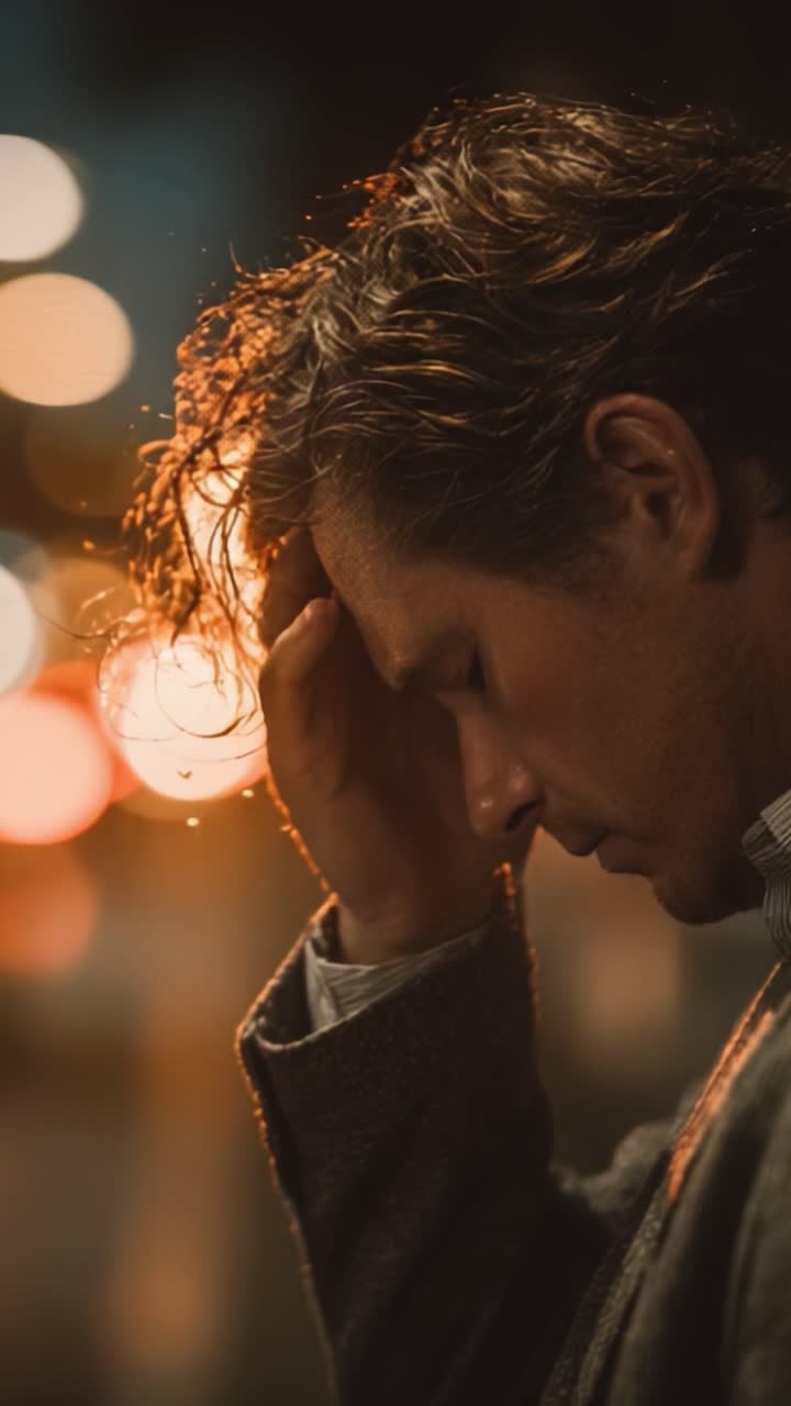 Um Momento Introspectivo: Capturando as Lutas e Emoções de um Homem Perdido em Pensamentos Em Meio a uma Paisagem Urbana Chuvosa e Borrada à Noite