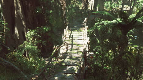 ancient wooden footbridges weave through lush jungle landscapes at dawn