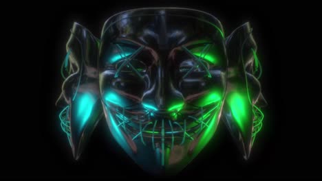 Animation-of-rotating-neon-mask,-spinning-silhouette-of-human-face-with-neon-traces-on-them,-dark-background-suitable-for-blending-with-alpha-matte-option,-digital-art-concept