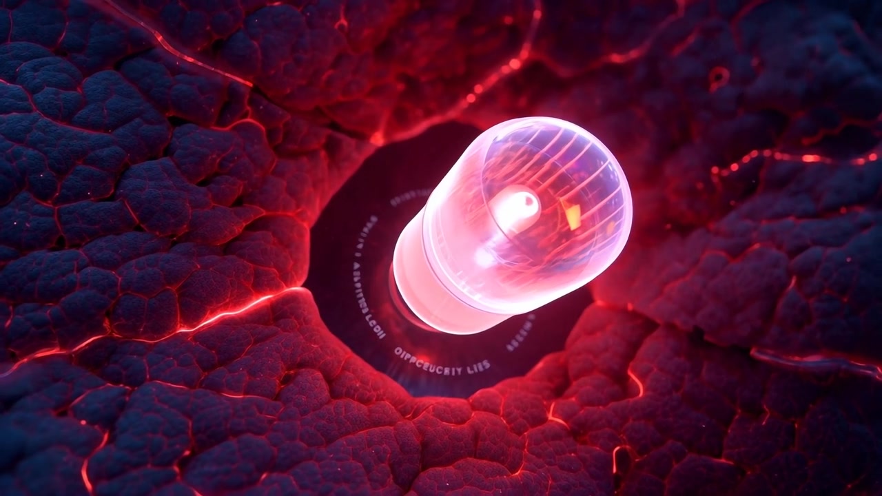 Diodo interno che pulsa, capsula trasparente che si illumina e si inclina in un cratere organico, con fessure che pulsano.