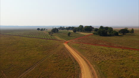 Aerial-view-of-dirt-road-in-the-middle-of-the-country