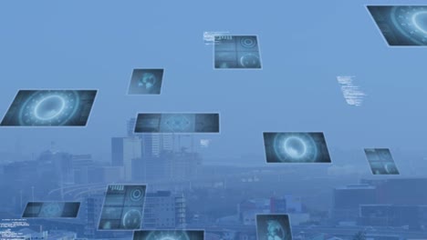 animation of scopes scanning and data processing over cityscape