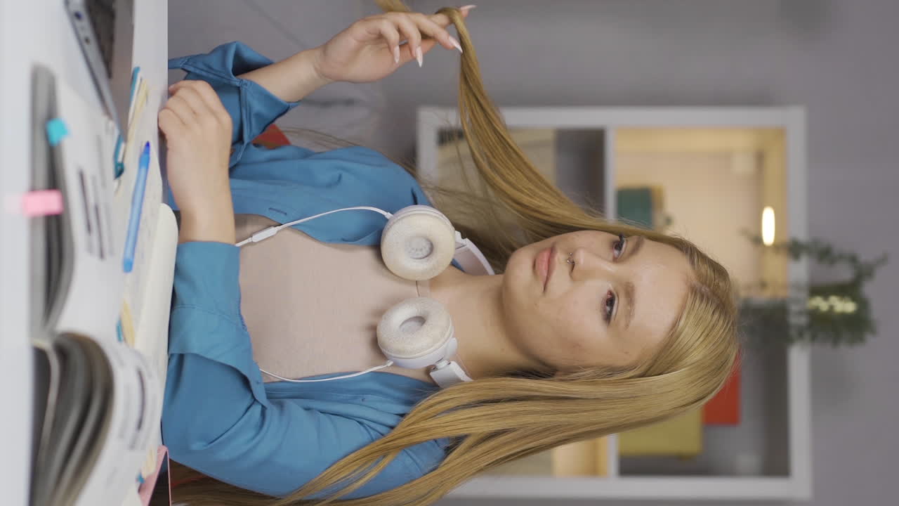 오만한 거만한 여학생의 수직 비디오.