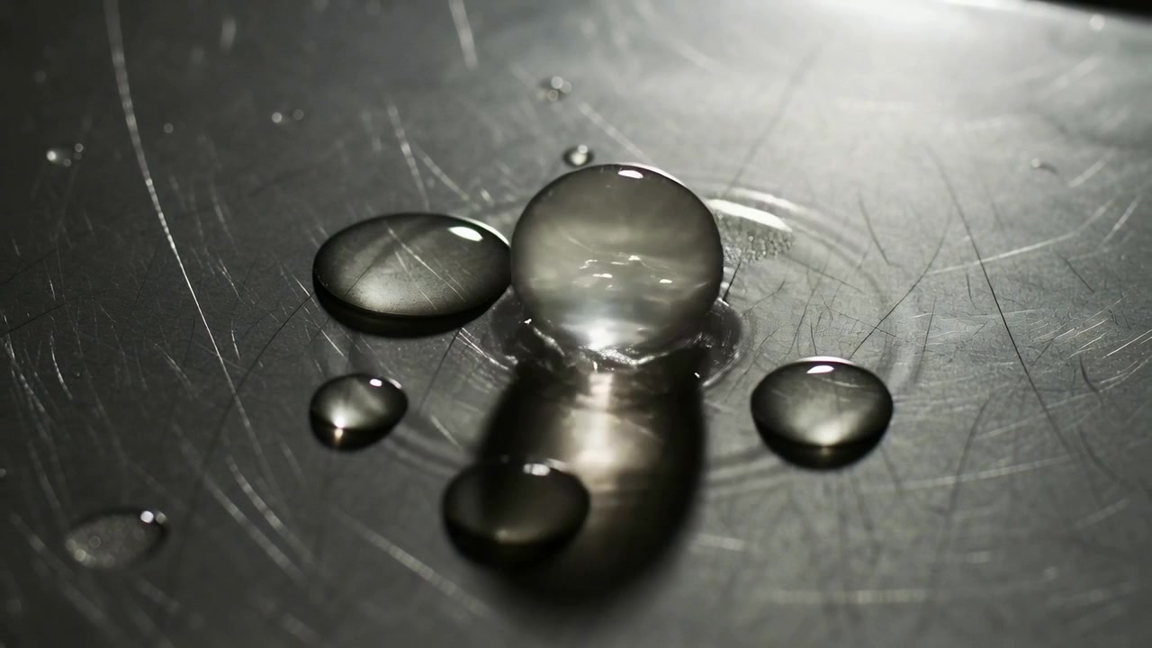Goccia che impatta spingendo altre gocce a fondersi, formando un getto, appiattendosi in un anello su un vassoio graffiato creando cerchi