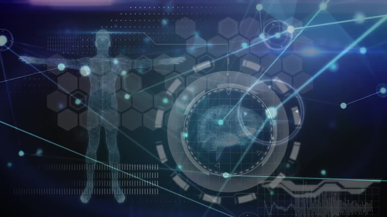 파란색 바탕에 의료 데이터 처리를 가진 디지털 인터페이스를 통한 연결 네트워크