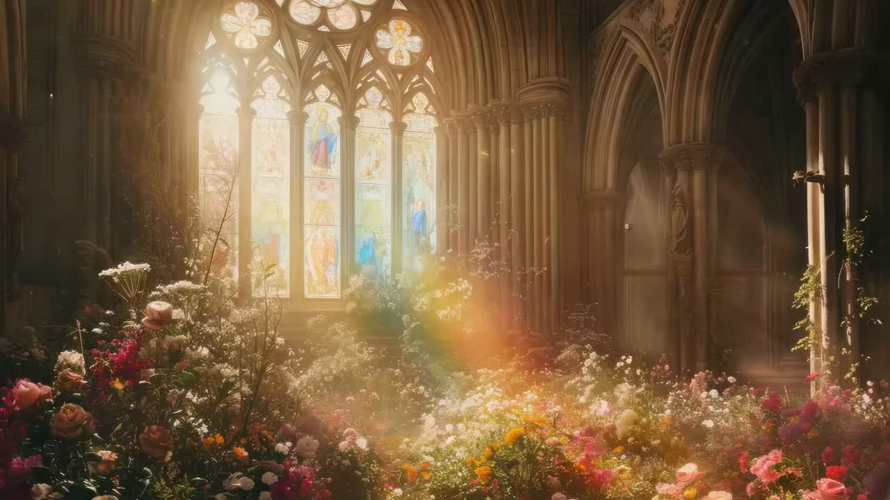 A low-angle video captures sunlight streaming through stained glass, illuminating a vibrant floral