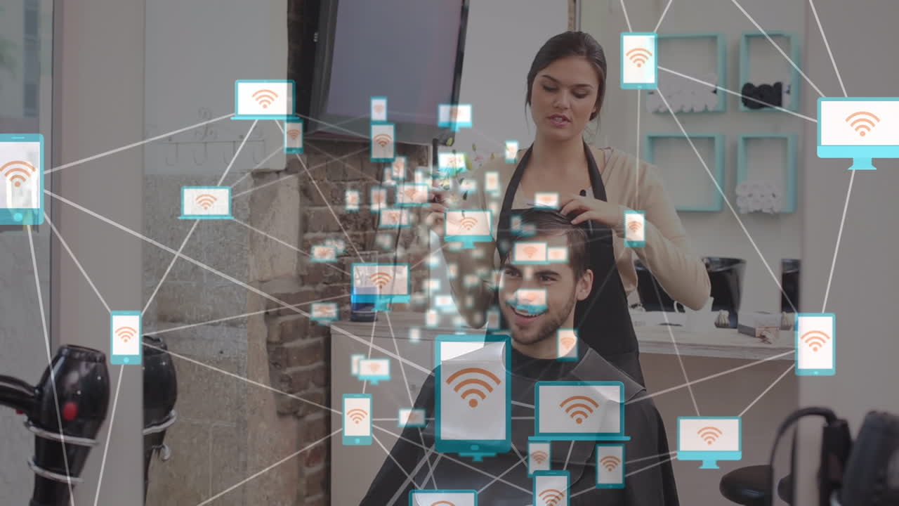 animación de la red de conexiones entre la peluquera caucásica y el cliente masculino