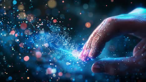 hand interacting with glowing energy particles