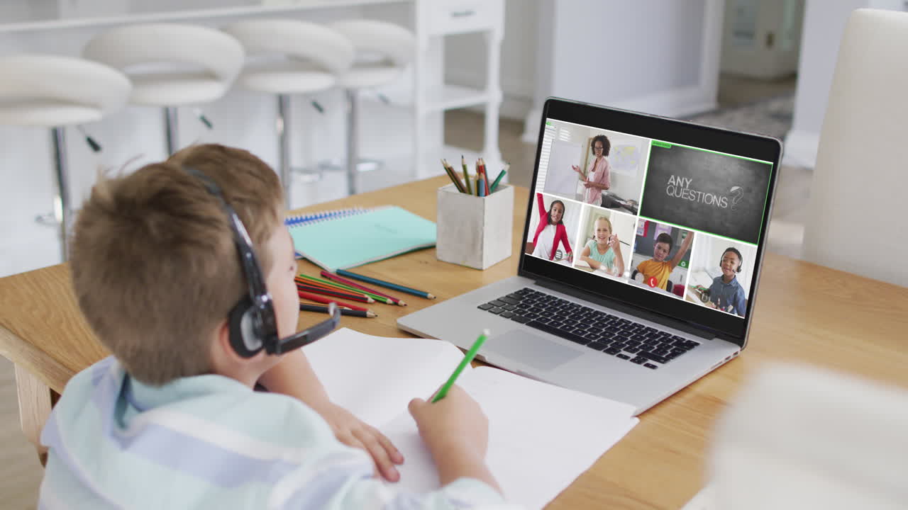 Composite of boy using laptop for online lesson at home, with diverse teacher and class on screen