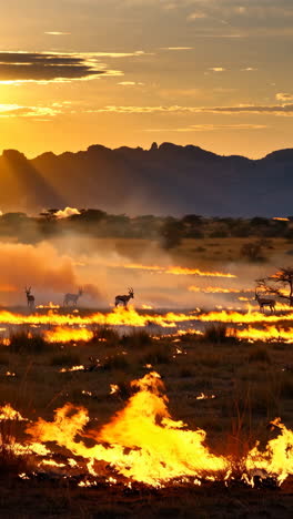 Antelopes Amidst a Savanna Wildfire at Sunset
