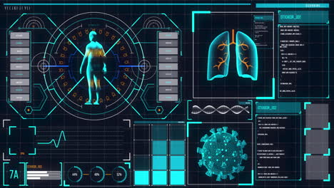 animación del cuerpo humano analizada en una pantalla, pulmones y latidos del corazón analizados, información médica
