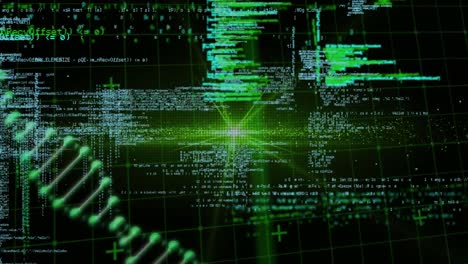 animazione del flare della lente verde su elica del dna e linguaggio di programmazione su modello di griglia