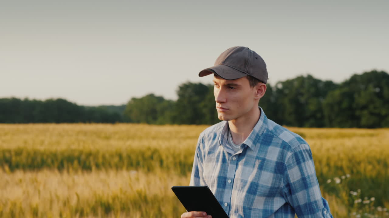 молодой фермер с планшетом в руке идет по пшеничному полю