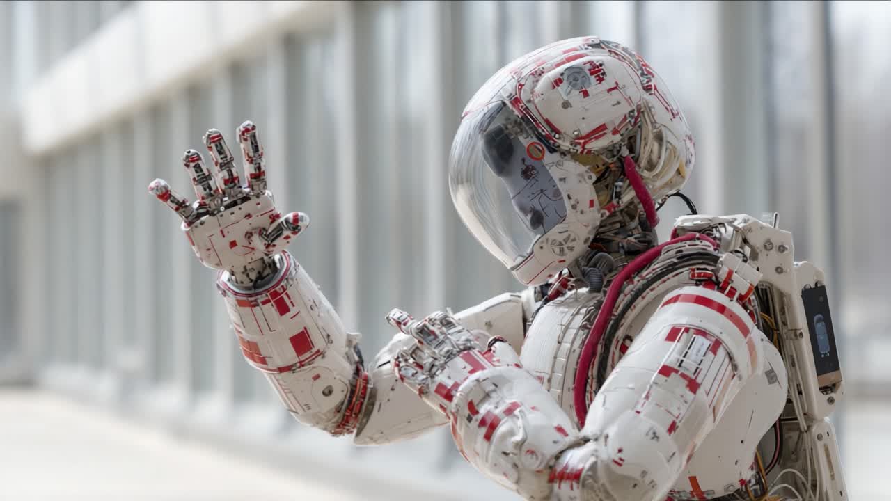 En futuristisk robotastronaut, udsmykket med indviklede designs og højteknologiske funktioner, gestikulerer tankefuldt i et moderne, lyst miljø, der fremviser avanceret robotteknologi og kunstig intelligens
