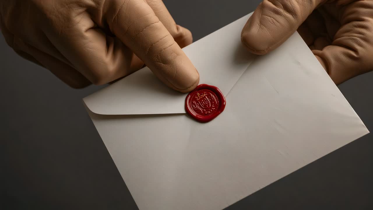 Pressing left index finger testing red wax seal on white envelope at dark gray backdrop