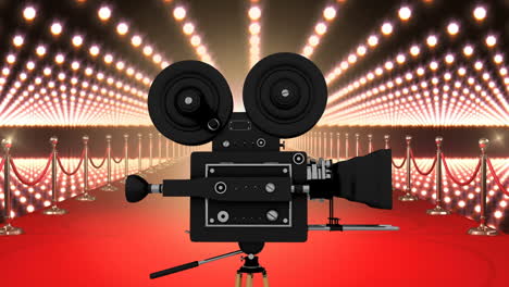 movie film camera with flashing lights and red carpet