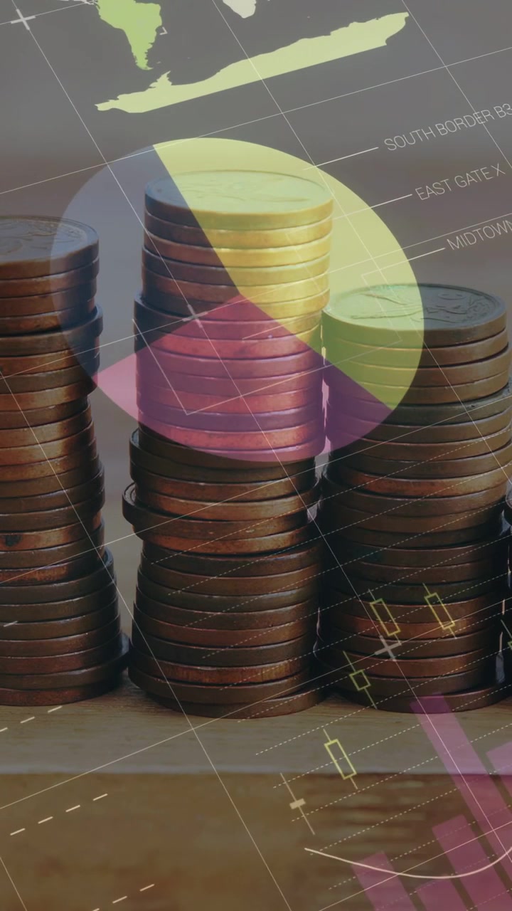 Vertical video: On overlay fade 3 coin stacks static while charts growing, sweeping to show trends