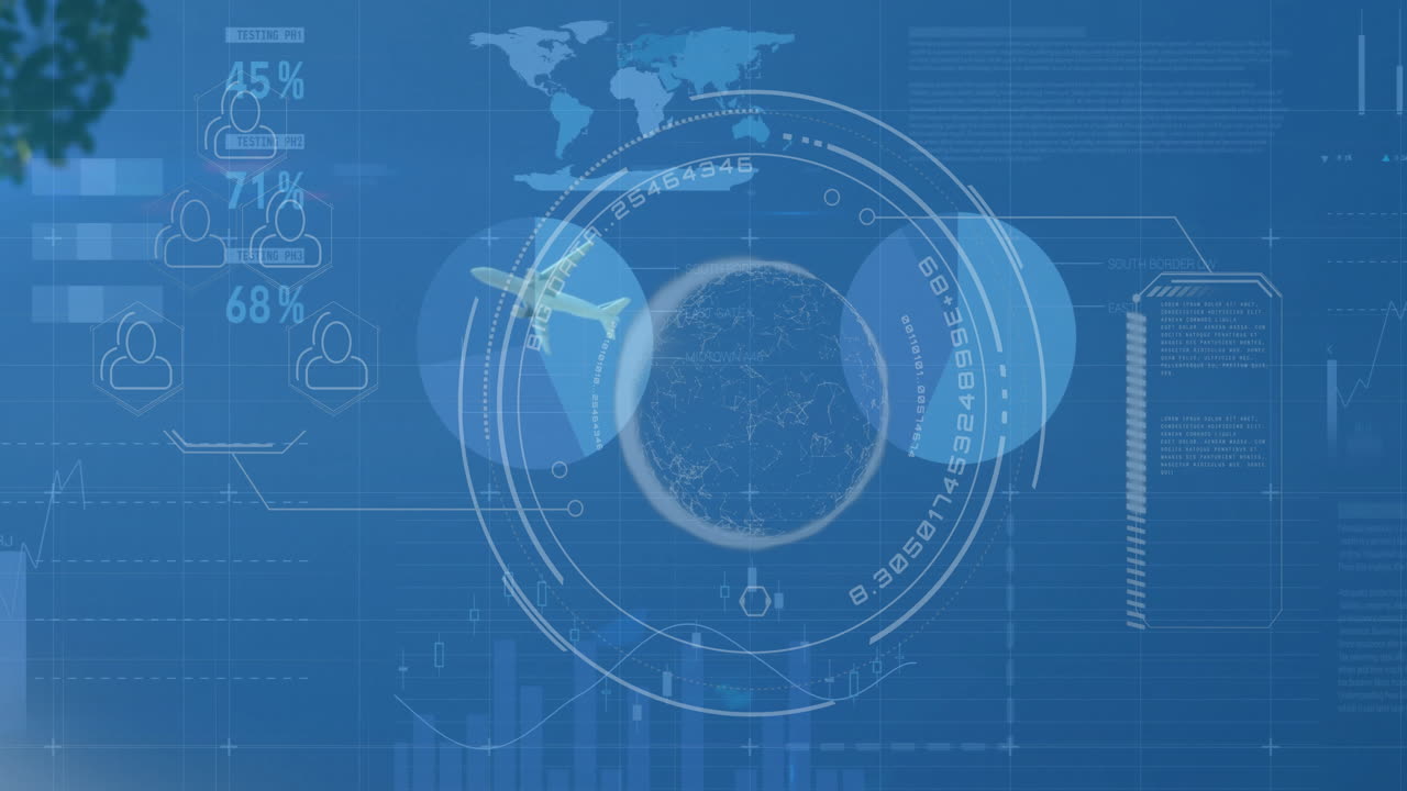 Central circular dashboard showing globe in concentric rings, user icons linking percentages