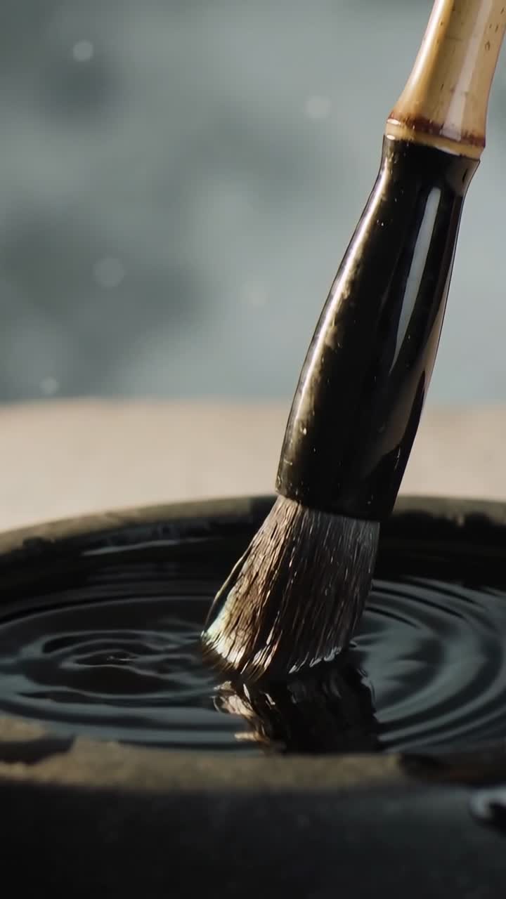 Video verticale: formazione di una goccia, pennello immerso nel calamaio sul tavolo, inchiostrazione e creazione di increspature