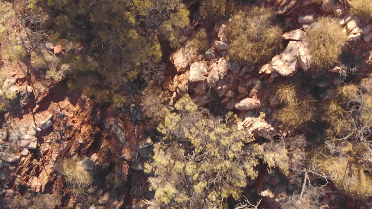 Aerial overhead, Rocky ground and native bush, Australia