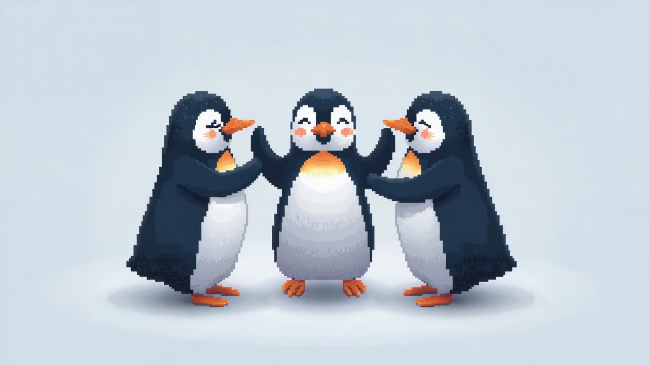 Touching flippers briefly, three animated penguins raising flippers, celebrating on blue backdrop