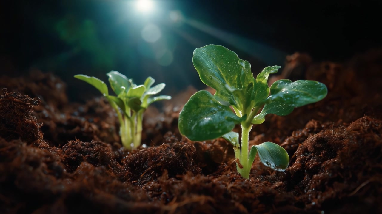 Nurturing Growth: Two Fresh Green Seedlings Emerging from Dark Rich Soil Under Bright Light, Symbolizing New Life and Nature's Resilience in Its Early Stages