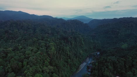 vista aérea cinematográfica del río bahorok y el paisaje de la selva desde el pueblo de bukit lawang en el parque nacional gunung leuser, el patrimonio de la selva tropical de sumatra, indonesia al amanecer