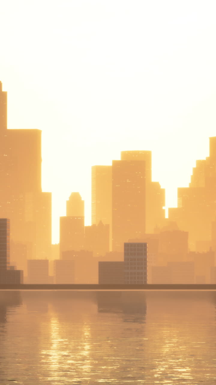 Horizonte urbano al amanecer con reflejo