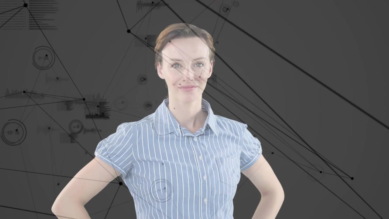 Žena gestikulující před tmavě šedým pozadím, aktivující síťové uzly a grafy pro technologickou ukázku.