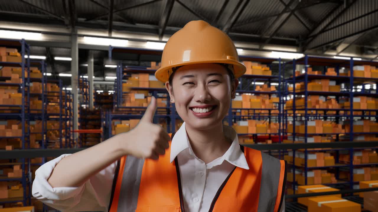 안전 헬을 입은 아시아 여성 엔지니어가 배달 물품으로 가득 찬 선반을 가진 창고에 서서 미소 짓고 엄지손가락을 보여주고 창고에서 카메라에 제스처를합니다.