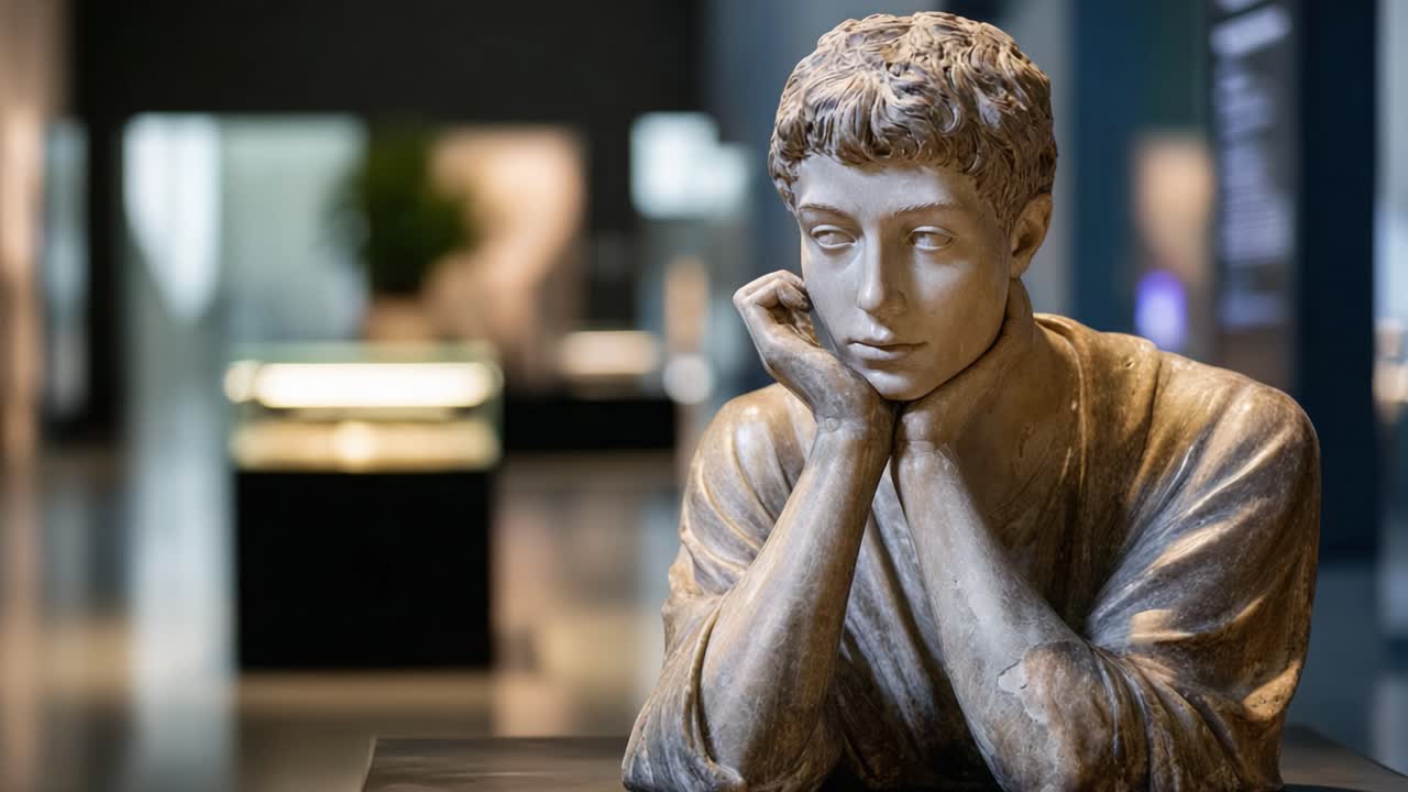 Scultura riflessiva di un giovane uomo in un'ambientazione museale, che mostra una lavorazione intricata e un'espressione emotiva, immortalata da un'illuminazione serena e in un ambiente moderno.