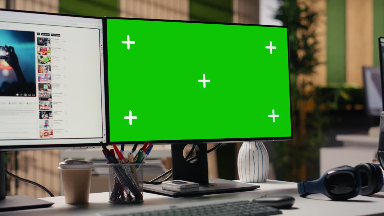 Greenscreen og streamingplatform med indhold på dobbeltskærme
