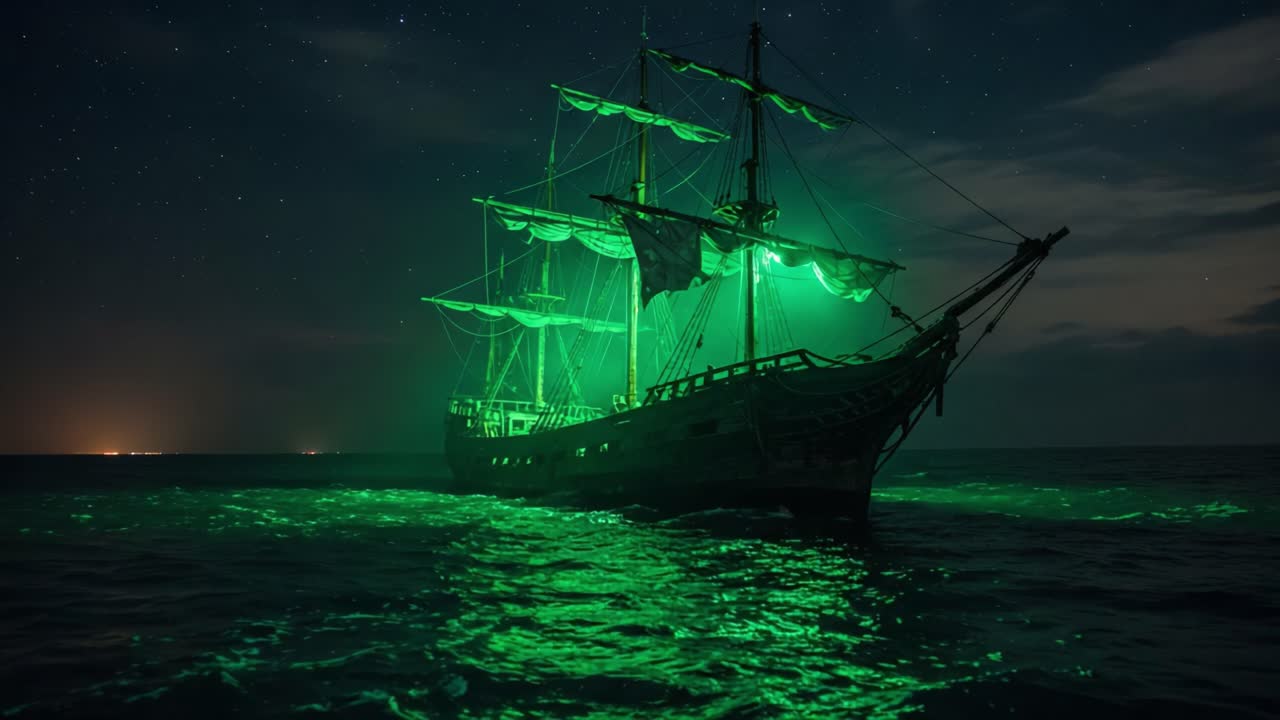 Mystical Green Light Illuminates a Majestic Ship at Night, Creating an Enchanting Atmosphere on Calm Ocean Waters Under a Starry Sky