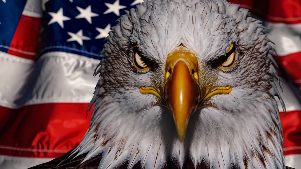 Nærbillede af en hvidhovedet ørn med et intenst blik, mod et vajende amerikansk flag.
