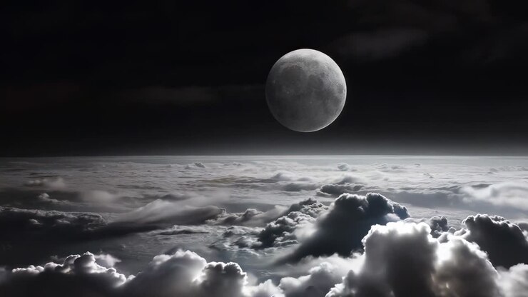 Filmagem aérea captura uma cena surreal e monocromática da lua acima de um mar de nuvens