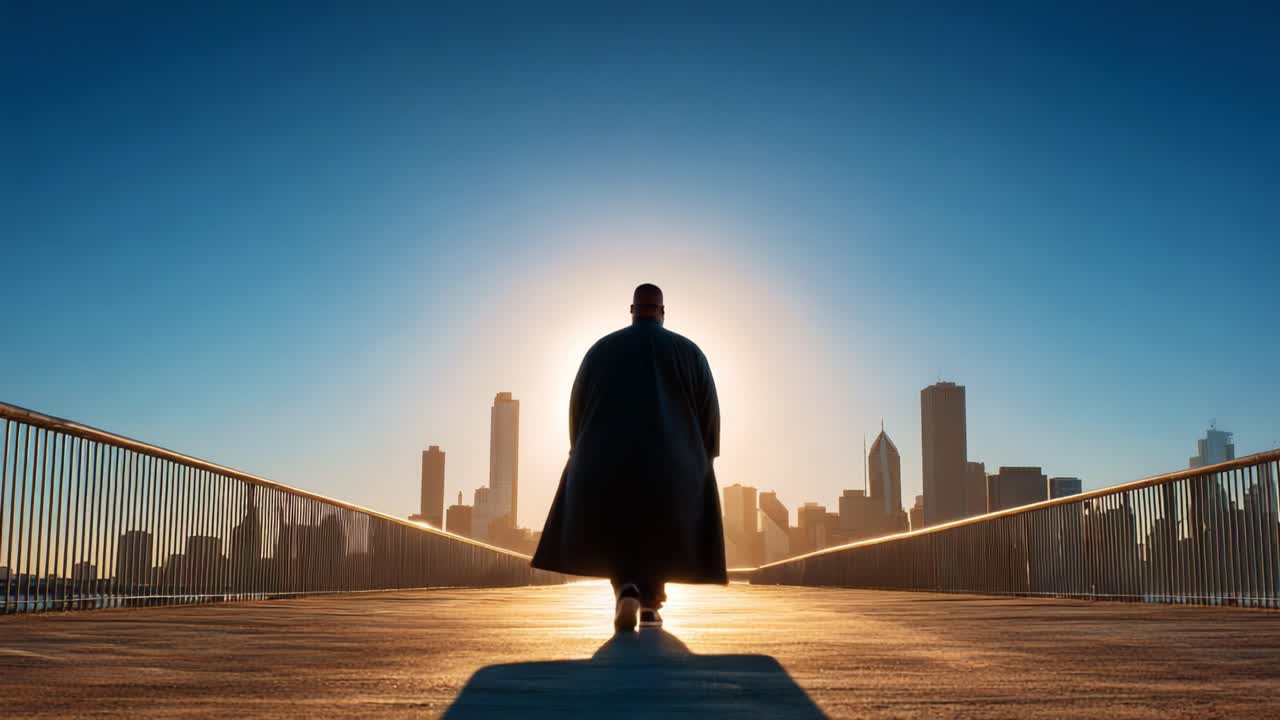 A Solitary Figure Walks Towards a Radiant Horizon, Silhouetted Against a Gleaming Cityscape at Sunrise, Embodying Hope and New Beginnings in Urban Exploration