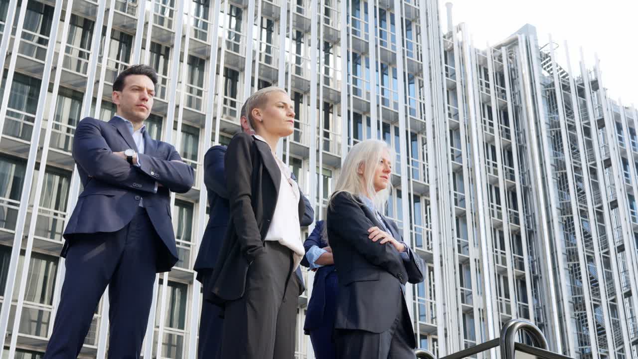 Business Professionals Standing Outside a Modern Corporate Building