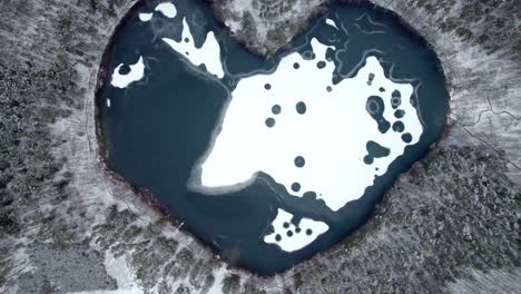 snow floating on ice in a perfect shape of a heart in lake surrounded by forest in winter time